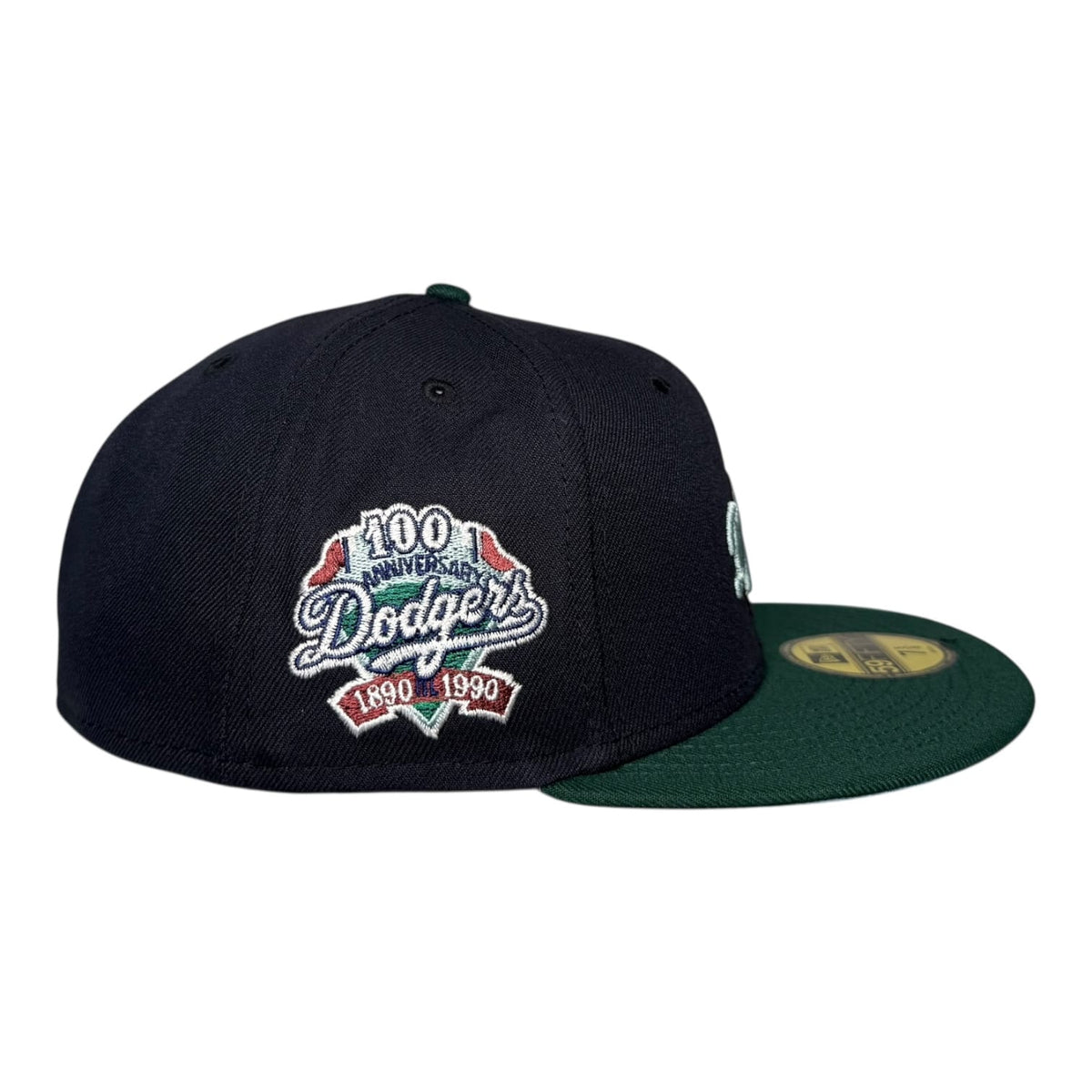 The Hat Wall Los Angeles Dodgers 100th Anniversary Navy Dark Green Script New Era 59Fifty Fitted Hat