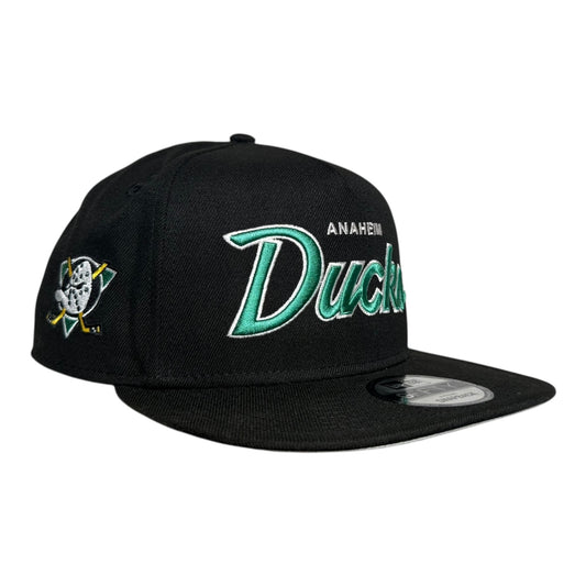 Anaheim Ducks Script Logo Vintage Side Patch New Era 59Fifty Snapback Hat
