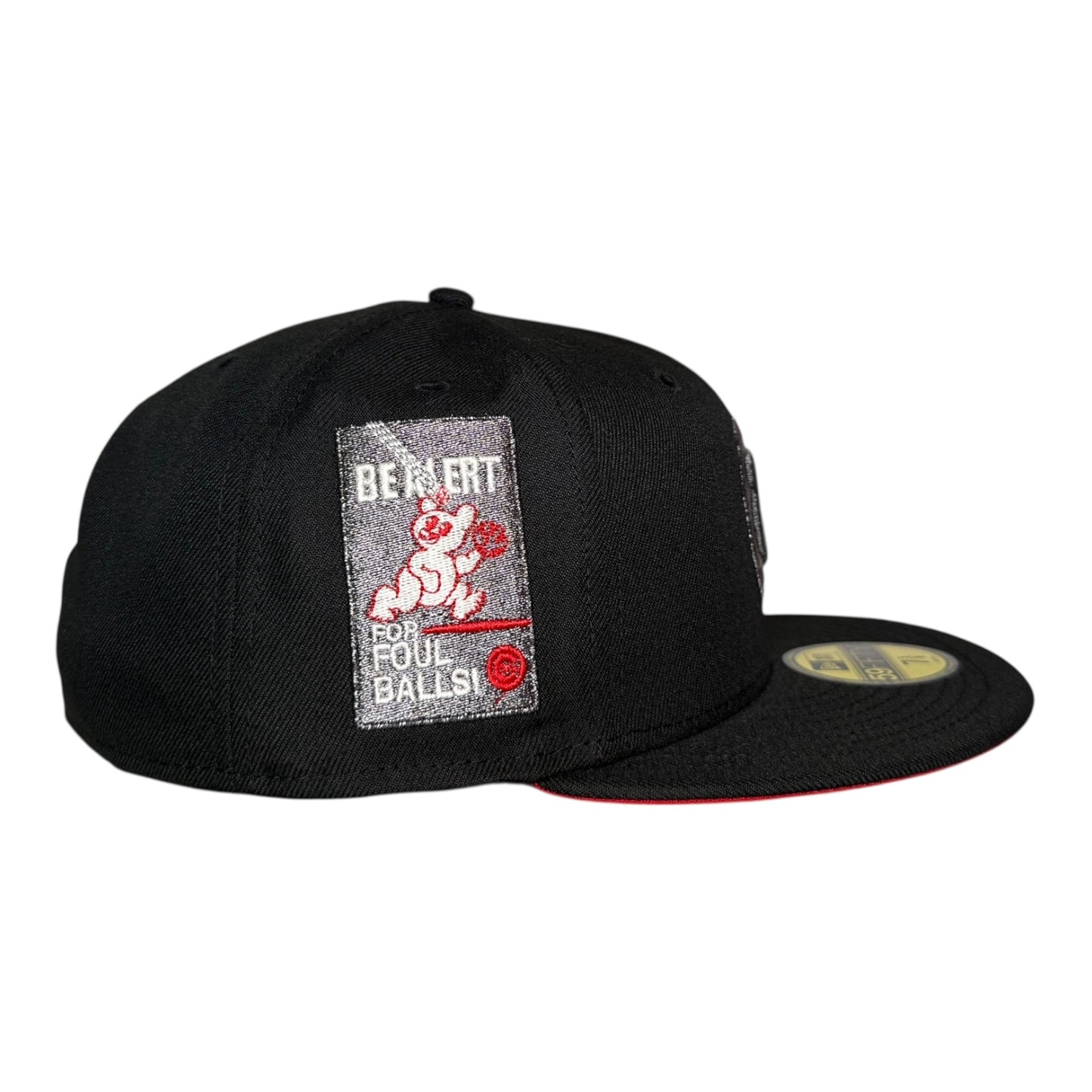 Chicago Cubs Be Alert for Foul Balls New Era 59Fifty Fitted Hat Black Metallic