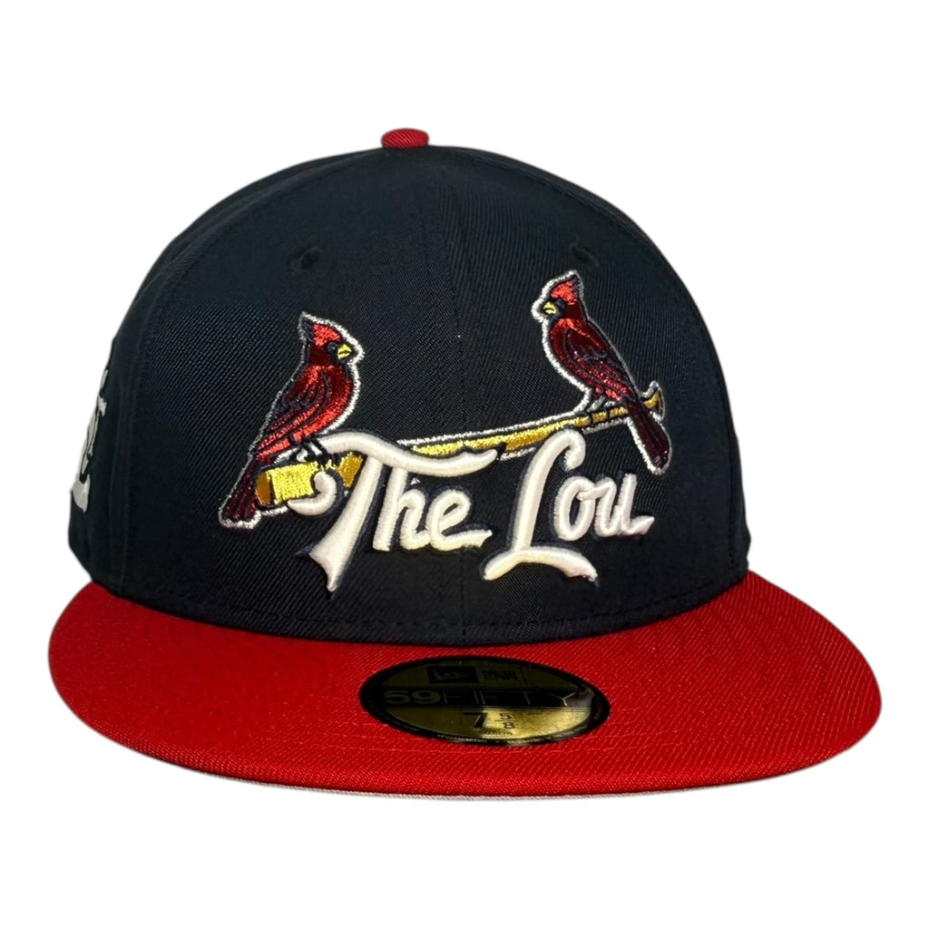 The Hat Wall St. Louis Cardinals STL Patch Navy Scarlet Red New Era 59Fifty Fitted Hat