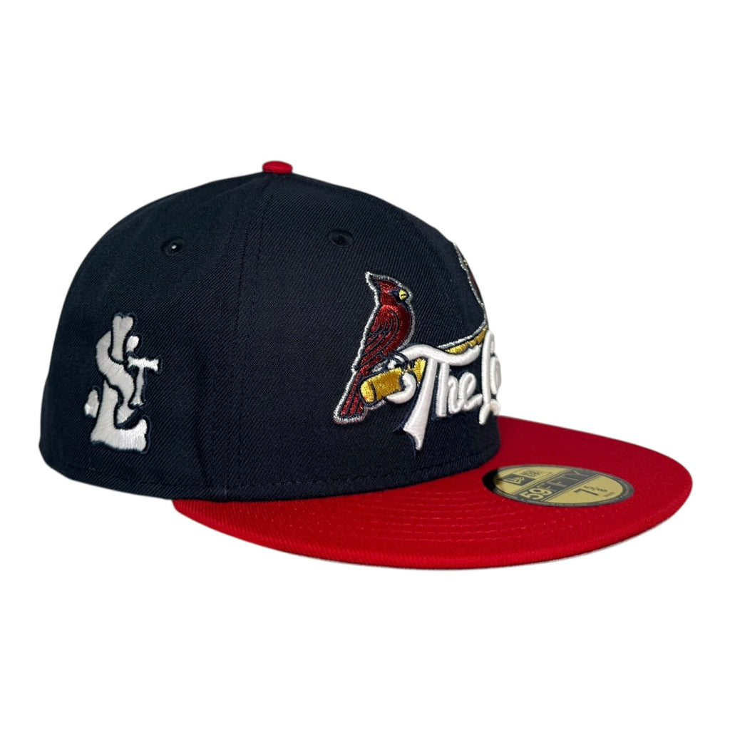 The Hat Wall St. Louis Cardinals STL Patch Navy Scarlet Red New Era 59Fifty Fitted Hat