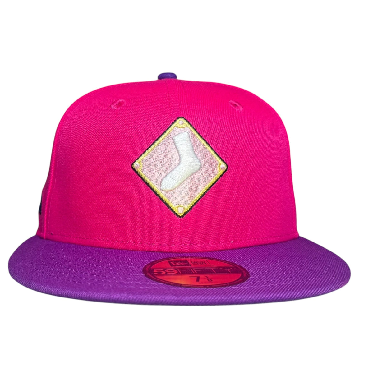 The Hat Wall Murakami Chicago White Sox 59Fifty fitted hat in hot pink with a purple brim and diamond logo